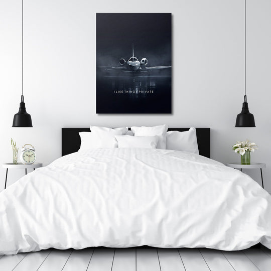 Luxury canvas print with a private jet and the quote “I Like Things Private” in a modern bedroom