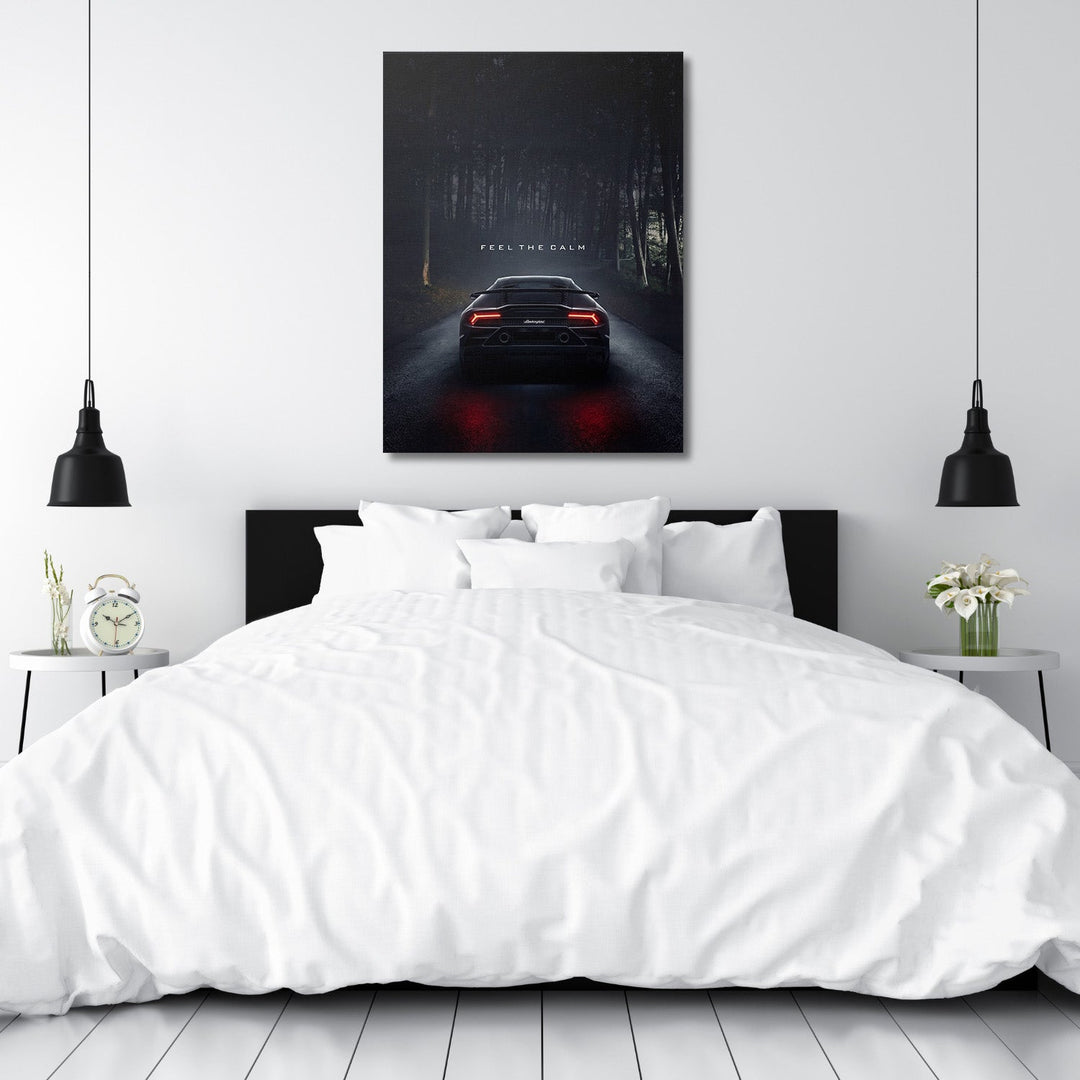 Luxury canvas print with a black sports car on a dark forest road in a bedroom, modern design