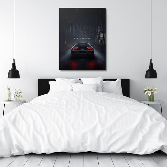 Luxury canvas print with a black sports car on a dark forest road in a bedroom, modern design