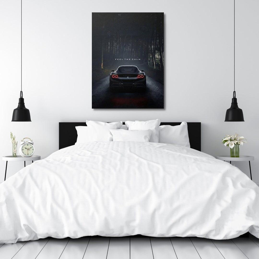 Motivational wall art for a bedroom with luxury sports car on dark forest road and motivational quote