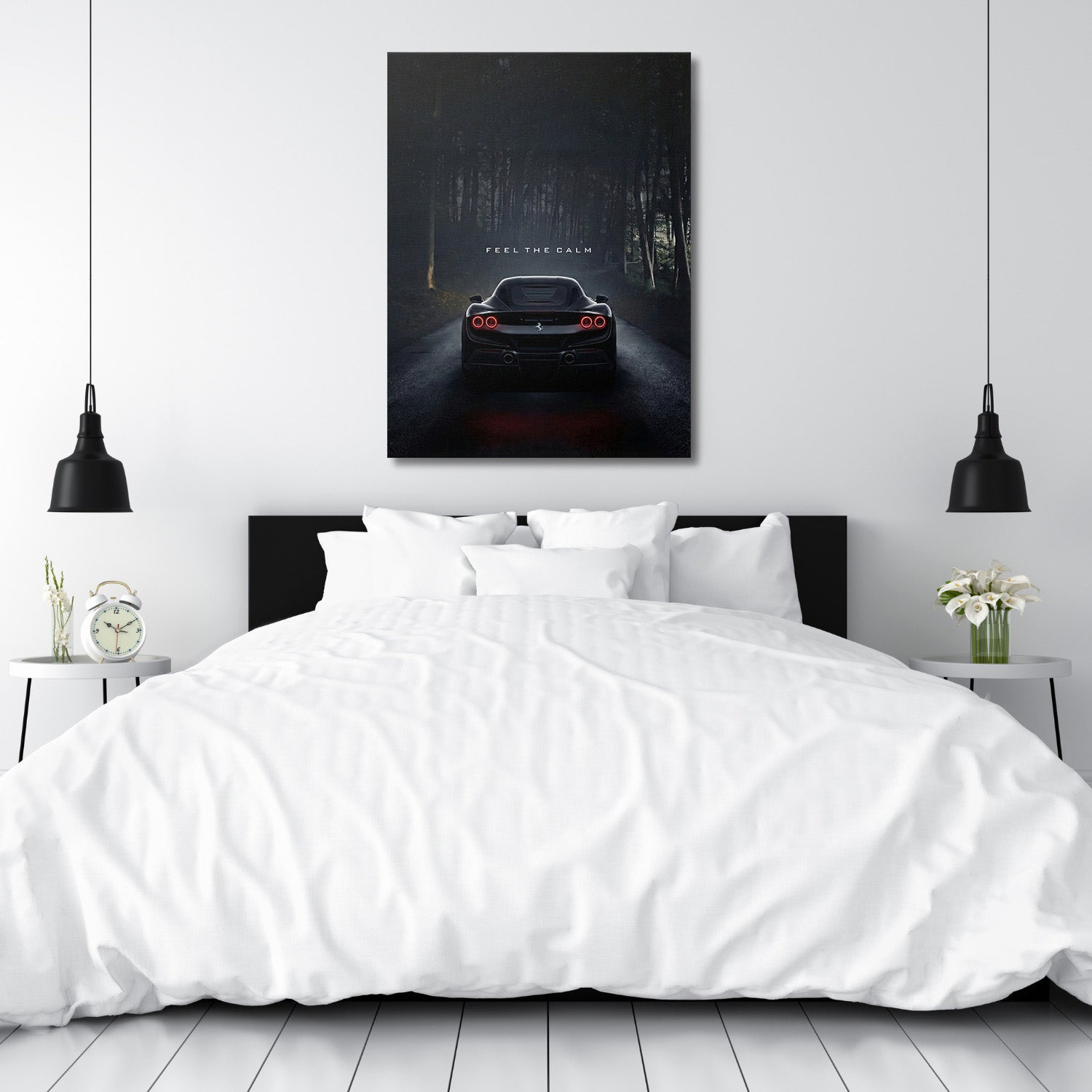 Motivational wall art for a bedroom with luxury sports car on dark forest road and motivational quote
