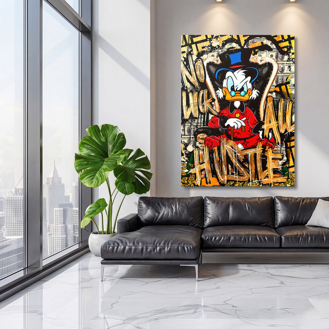 Luxury pop art wall art with Scrooge McDuck, graffiti and flying banknotes in a living room