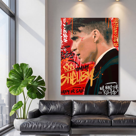 Pop art canvas print in a living room, portrait of a man on a red graffiti background, modern luxury decor
