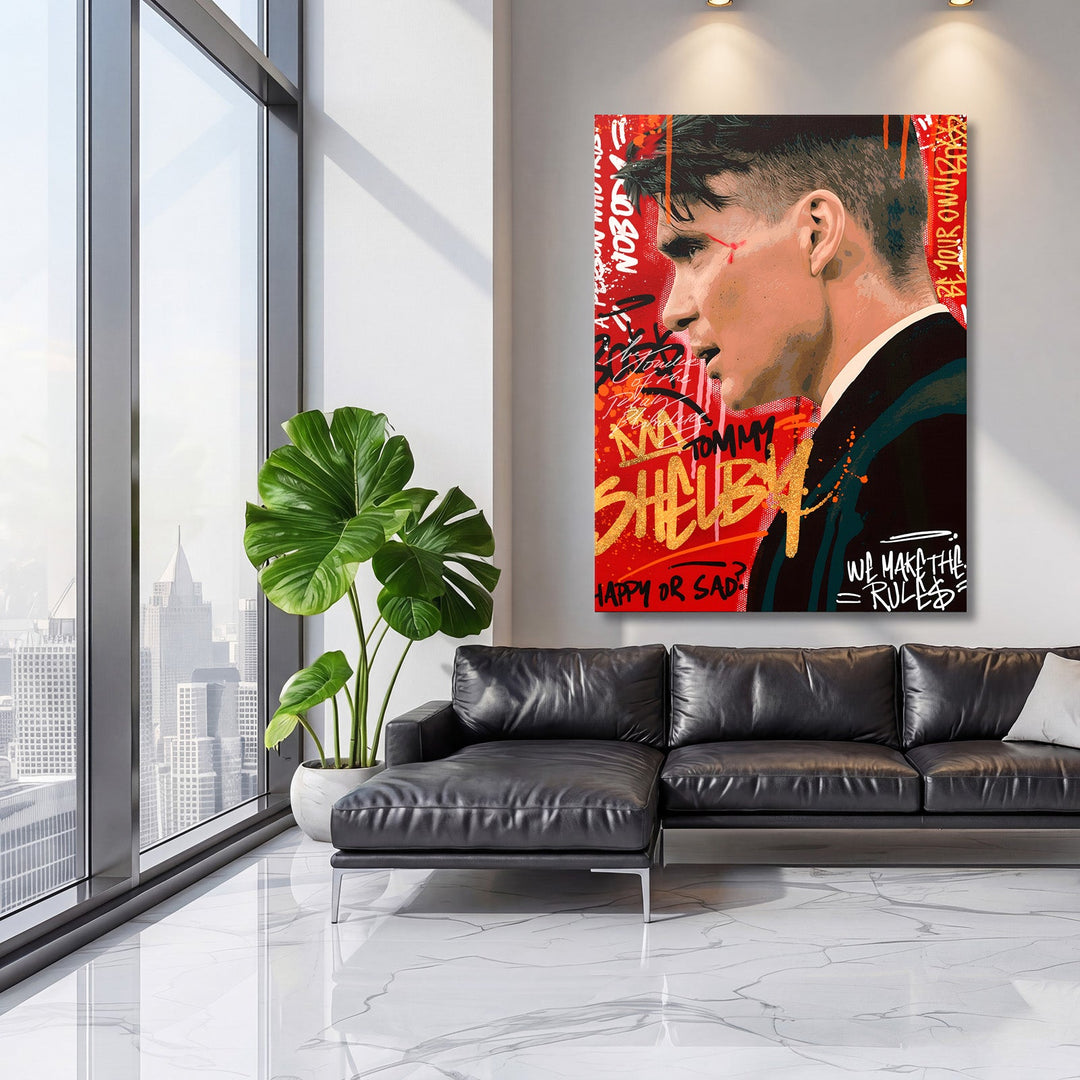 Motivational pop art canvas print in profile with graffiti text on a red background in a modern living room