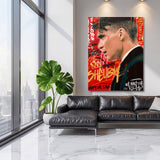 Motivational pop art canvas print in profile with graffiti text on a red background in a modern living room