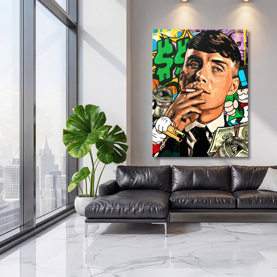 Pop art canvas print in a living room with a portrait of a man smoking a cigarette and a graffiti motif of dollar bills