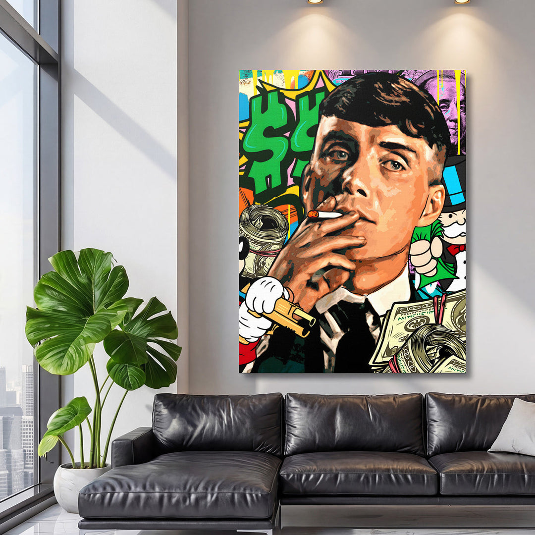 Pop art image of a man smoking a cigarette with a money motif as motivational canvas wall art for a living room