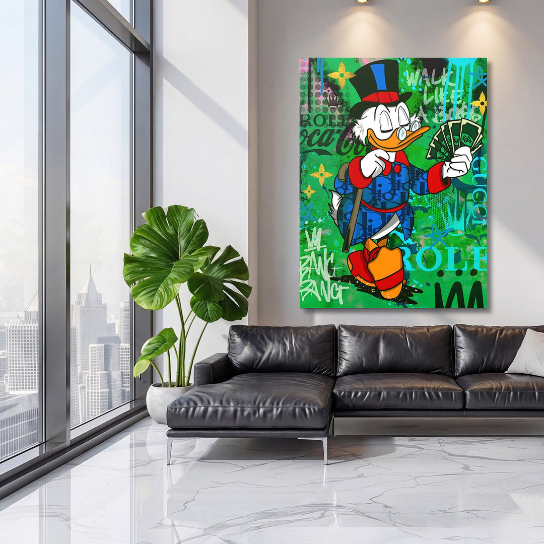Motivational pop art canvas print with Scrooge McDuck holding banknotes in a modern living room