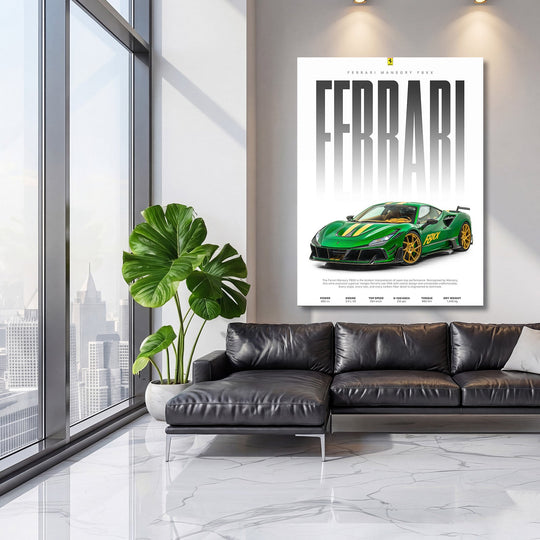 Luxury wall art with a green Ferrari F8XX above a black leather sofa and houseplant in a living room
