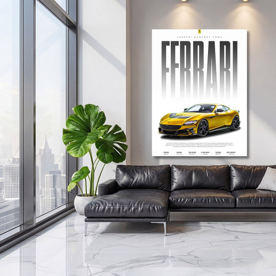 Motivational wall art with a yellow Ferrari in a minimalist living room above a black sofa