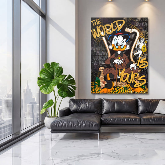Motivational wall art with a duck on a gold throne, money motif and “The World Is Yours” text