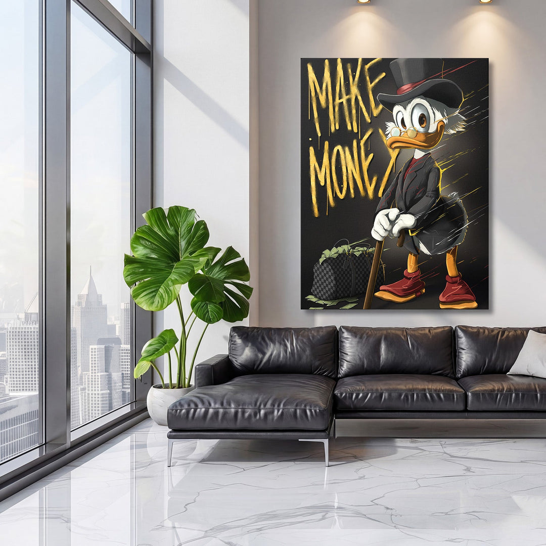 Pop art wall art of a duck in a top hat with Make Money graffiti and a money motif in a living room