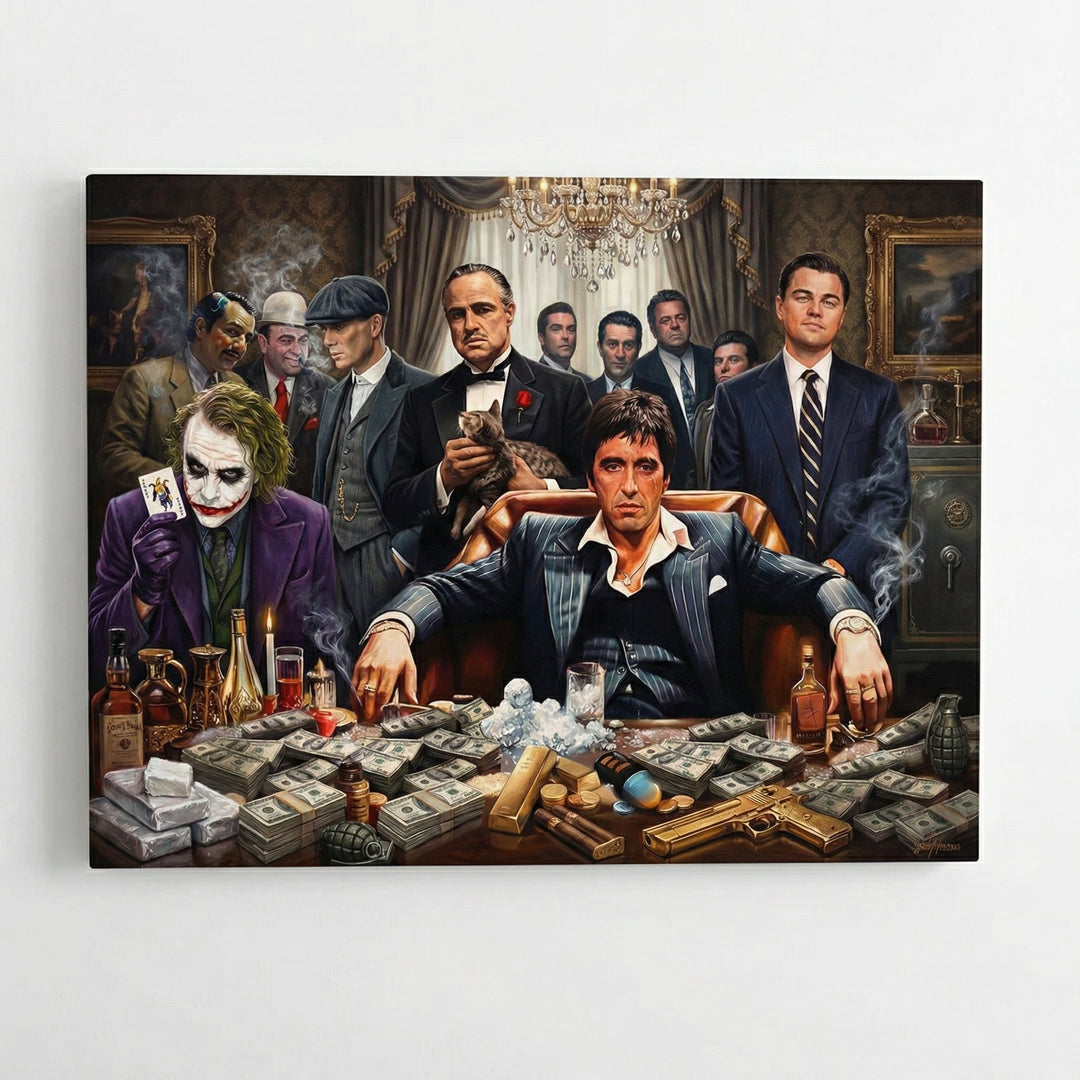 Motivational pop art wall art with a collage of legendary gangsters, money, whiskey and a luxury night atmosphere