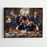 Motivational pop art wall art with a collage of legendary gangsters, money, whiskey and a luxury night atmosphere