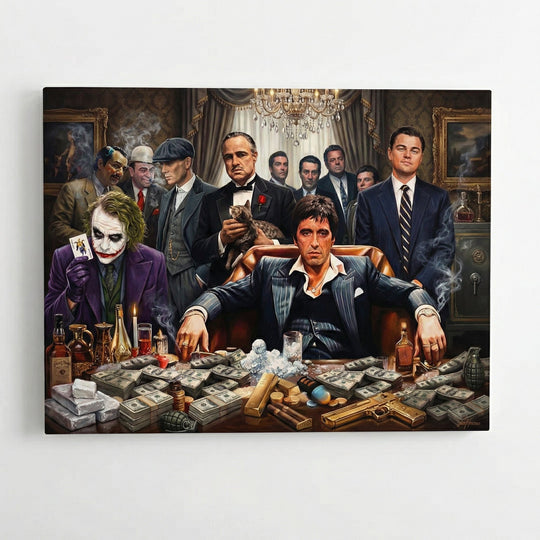 Motivational pop art wall art with a collage of legendary gangsters, money, whiskey and a luxury night atmosphere