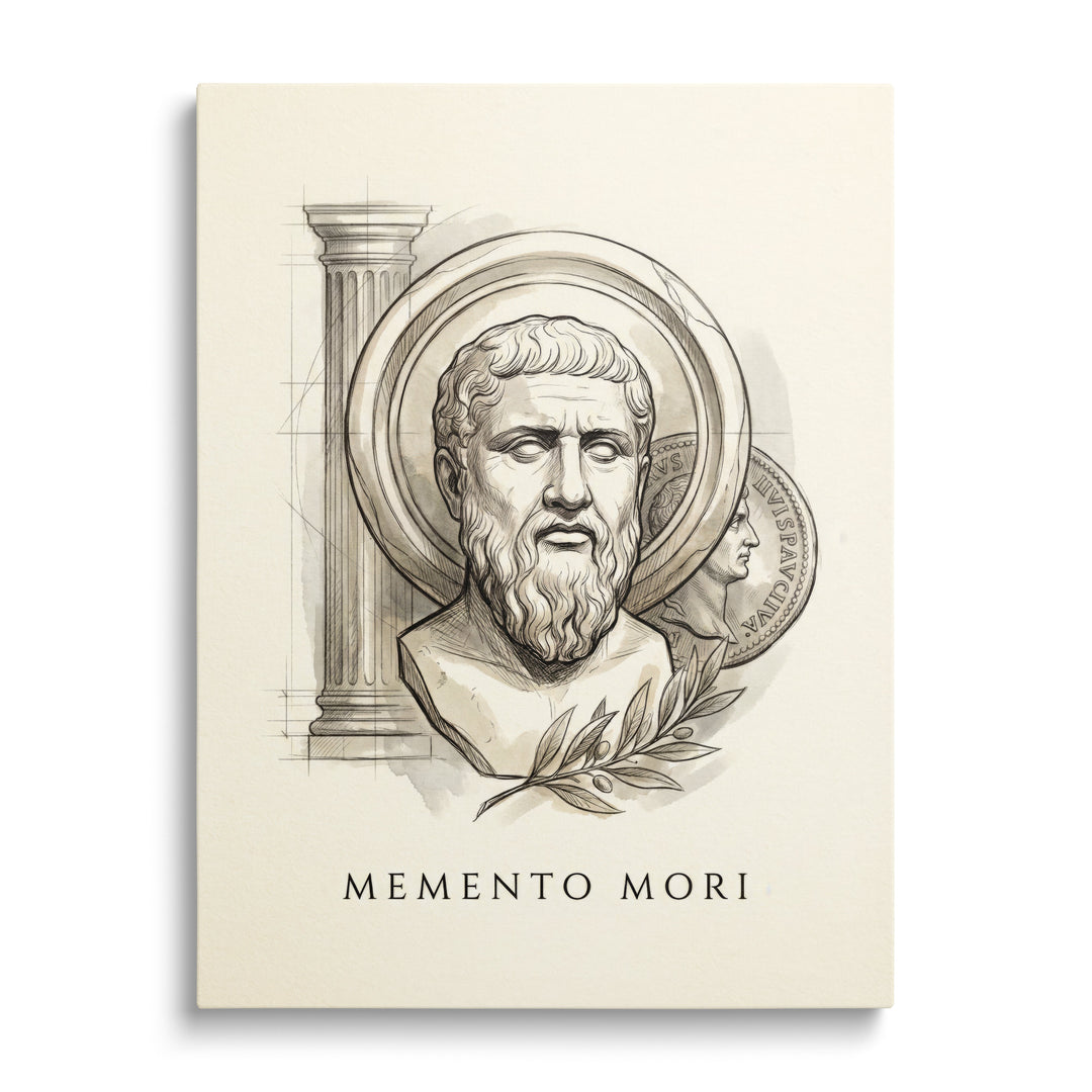 Motivational wall art with a bust of an ancient thinker, architectural column, coin and olive branch.