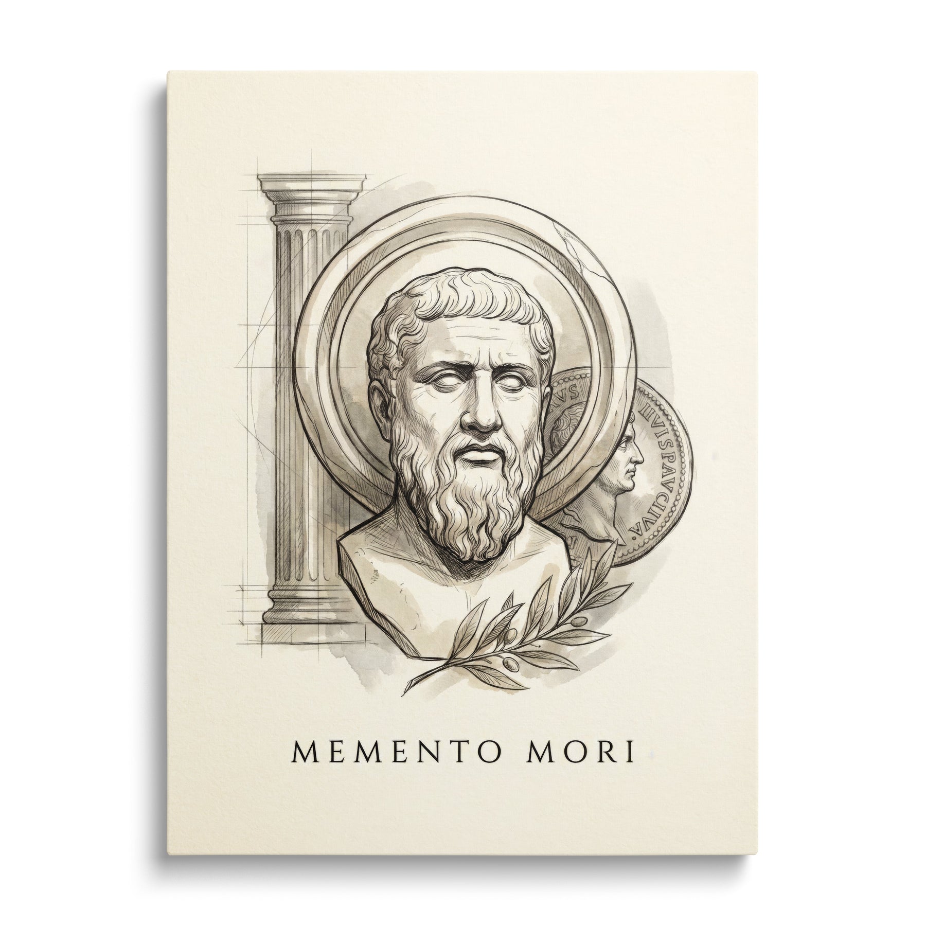 Motivational wall art with a bust of an ancient thinker, architectural column, coin and olive branch.