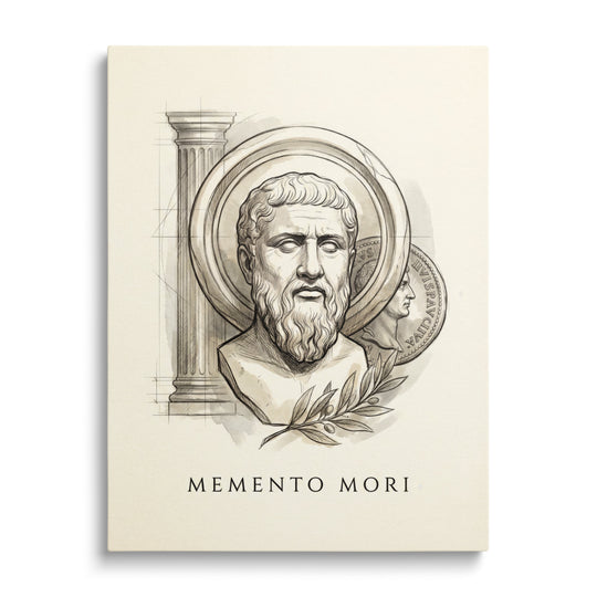 Motivational wall art with a bust of an ancient thinker, architectural column, coin and olive branch.