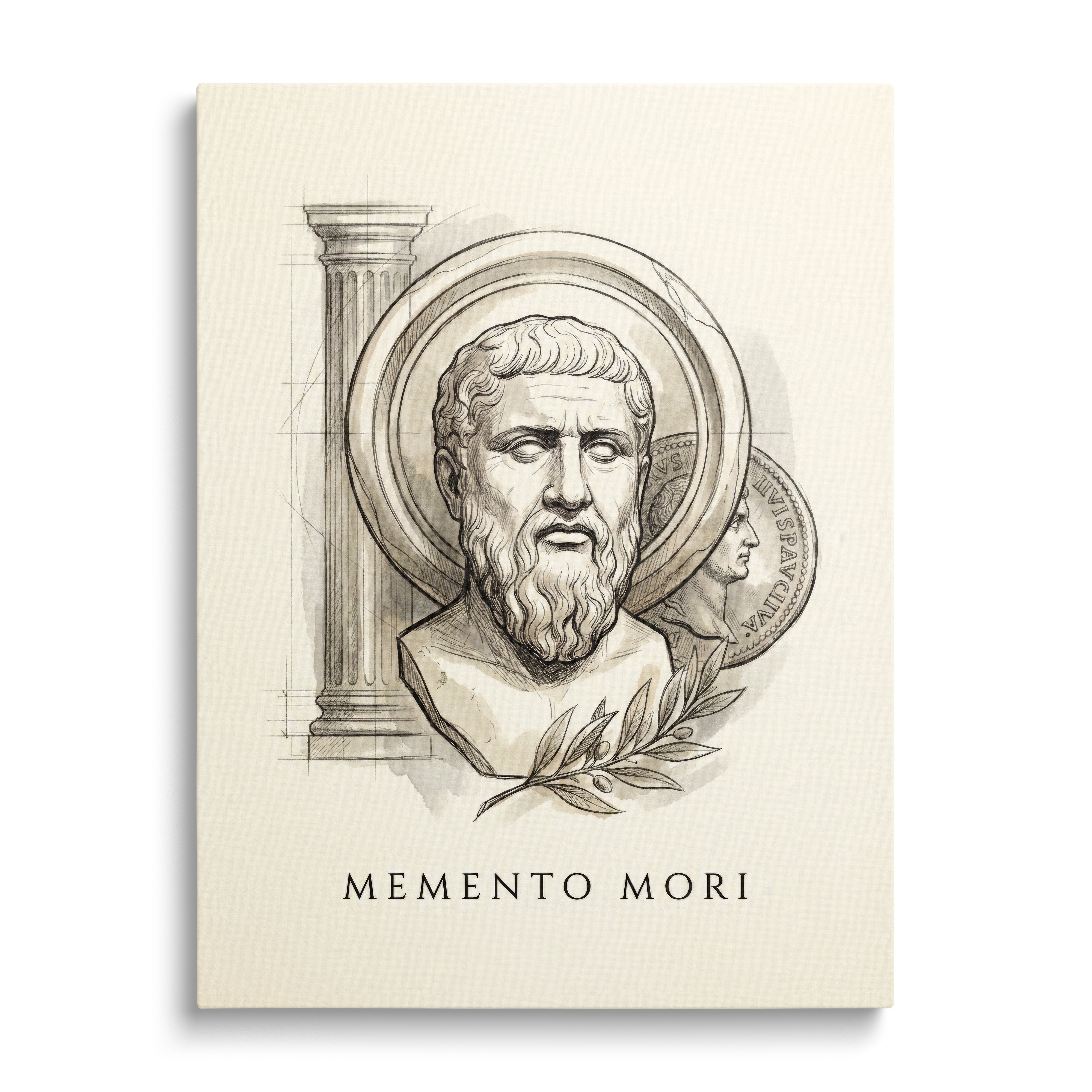 Motivational wall art with a bust of an ancient thinker, architectural column, coin and olive branch.