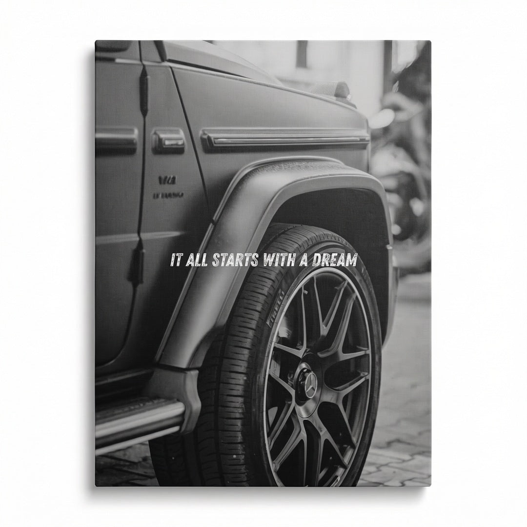 Front view of Mercedes G motivational wall art with the quote “It all starts with a dream”
