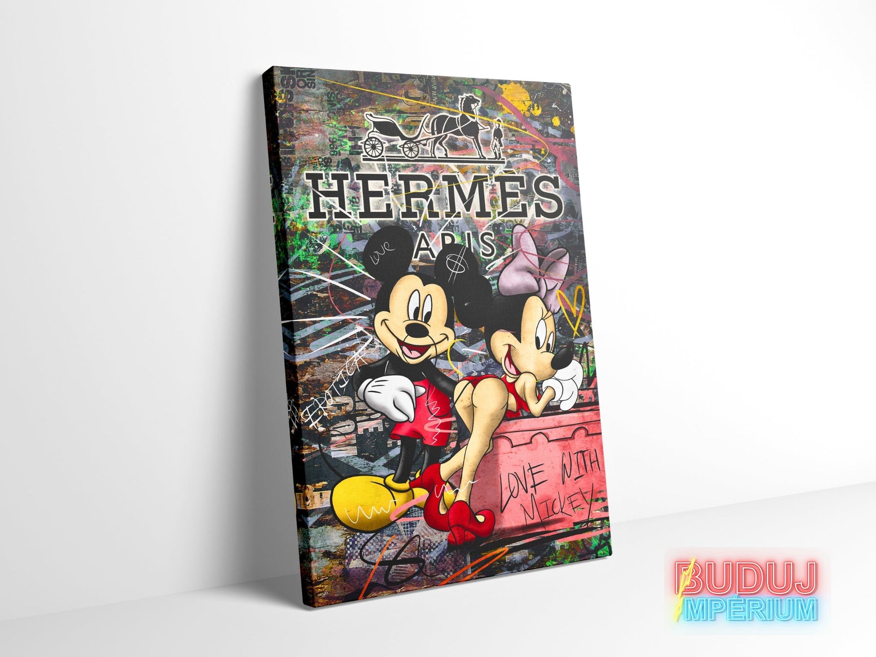 Pop art canvas wall art with Mickey and Minnie in street art graffiti style with a Hermès Paris luxury brand motif.
