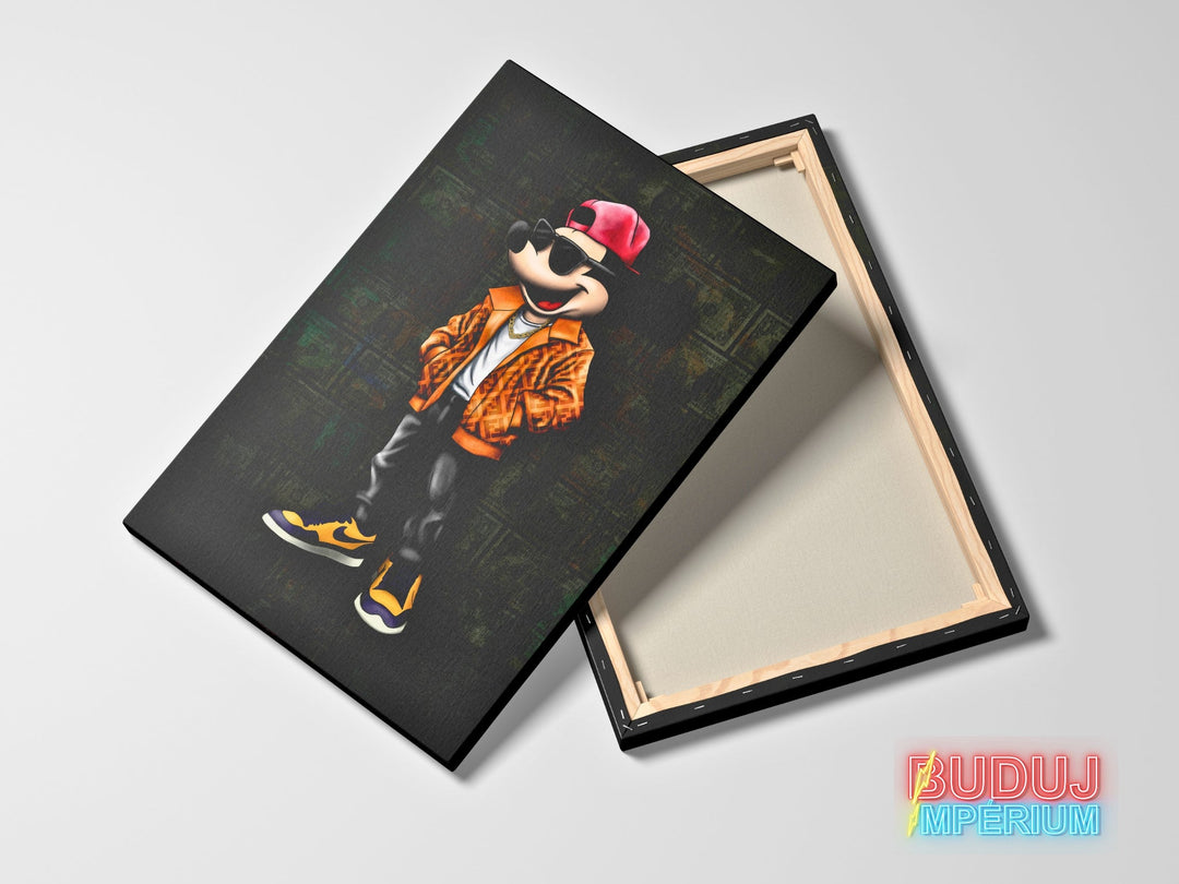 Motivational canvas wall art with Mickey Mouse in street art style, Nike sneakers and a dollar bill motif.