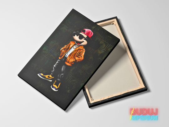 Motivational canvas wall art with Mickey Mouse in street art style, Nike sneakers and a dollar bill motif.