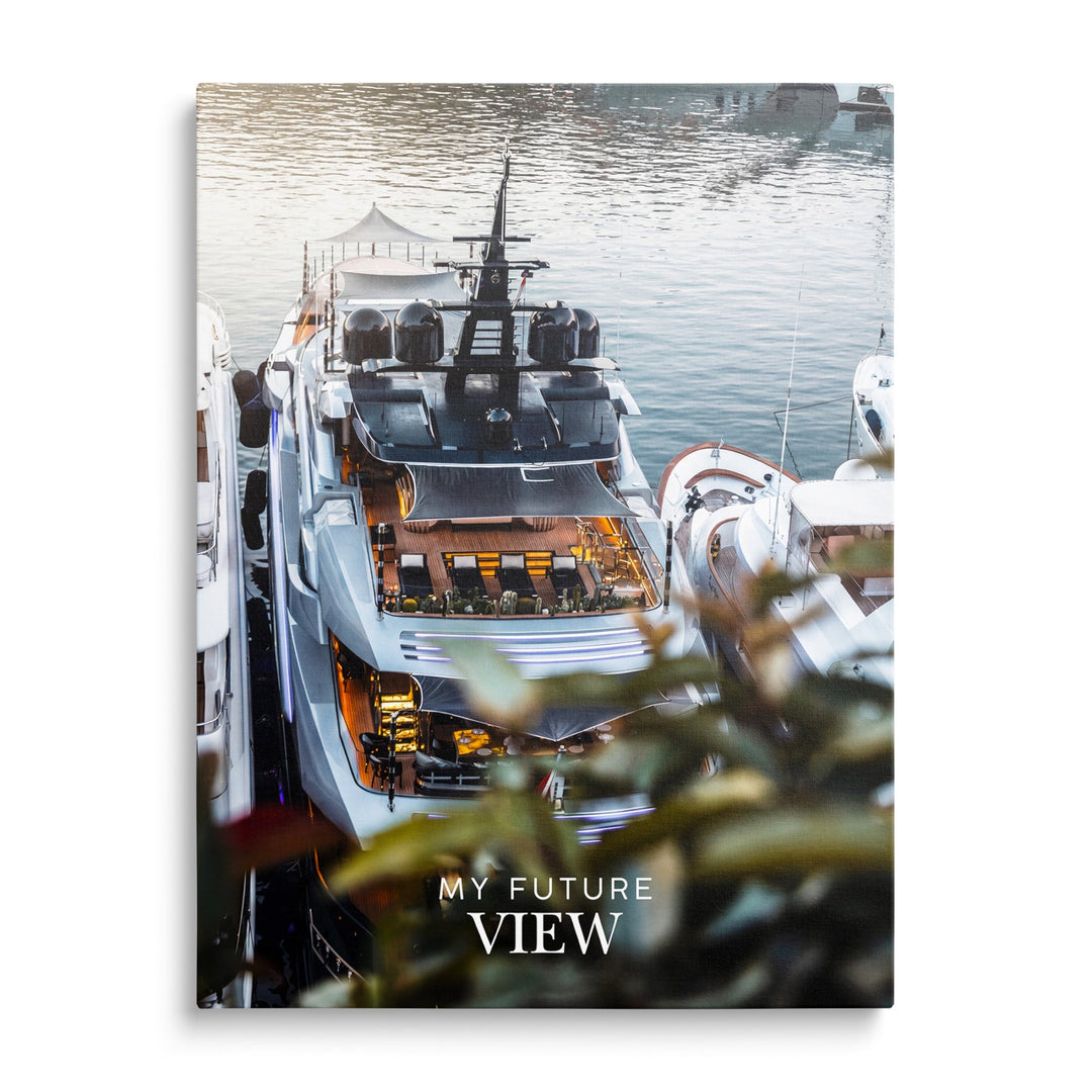 Motivational canvas print with a luxury yacht by the pier and the text “My Future View”, modern office decor