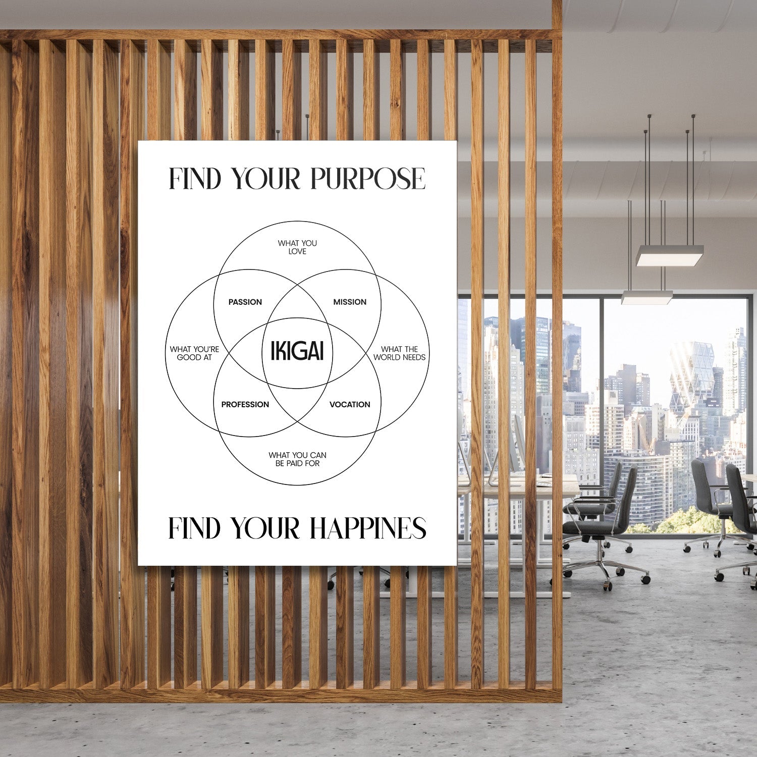 Ikigai diagram motivational canvas wall art hanging on a wooden partition in a modern office with a view