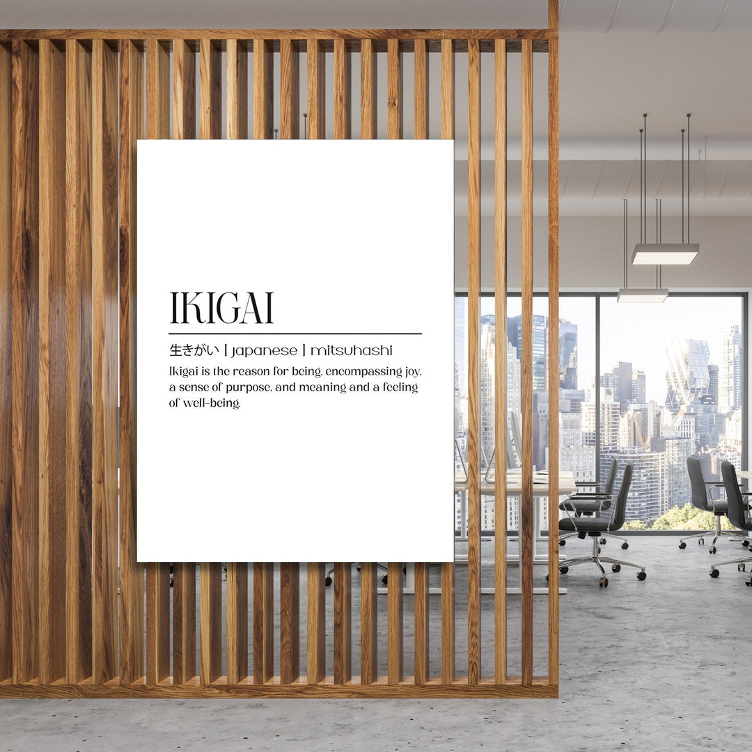 Ikigai motivational canvas wall art in a minimalist modern office with a city view