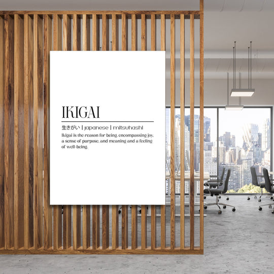 Ikigai motivational canvas wall art in a minimalist modern office with a city view