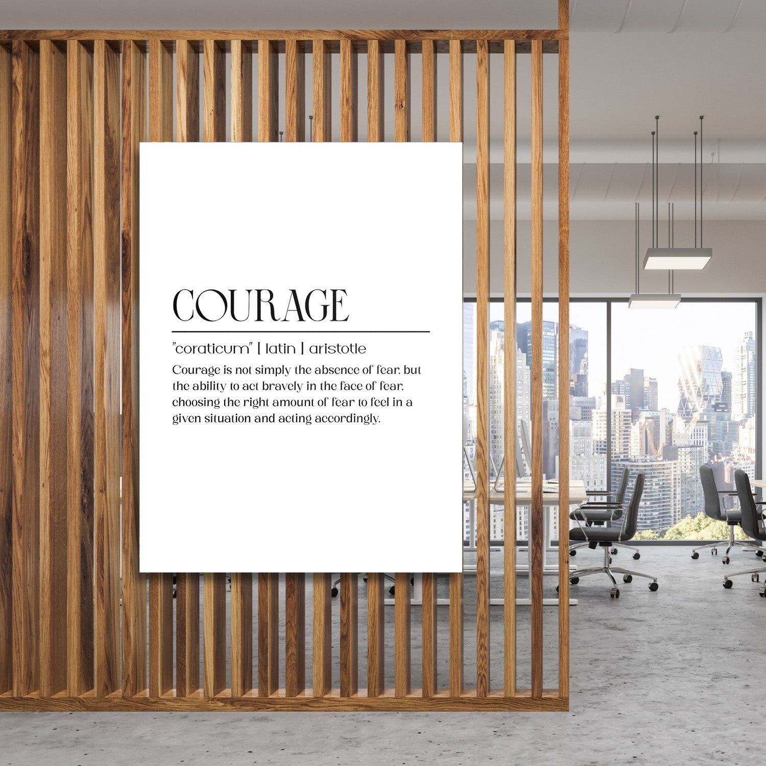 Motivational canvas wall art with a minimalist “Courage” inscription hanging in a modern office