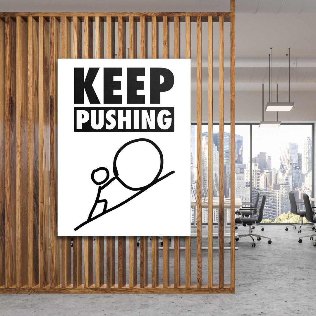 KEEP PUSHING motivational canvas wall art with a figure pushing a boulder, inspiring office decor for a modern workspace