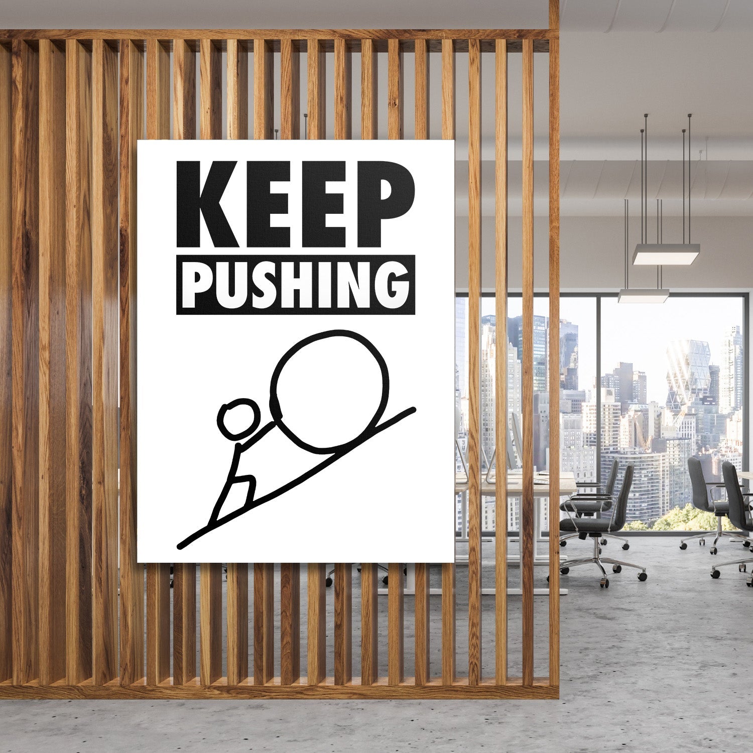 KEEP PUSHING motivational canvas wall art with a figure pushing a boulder, inspiring office decor for a modern workspace
