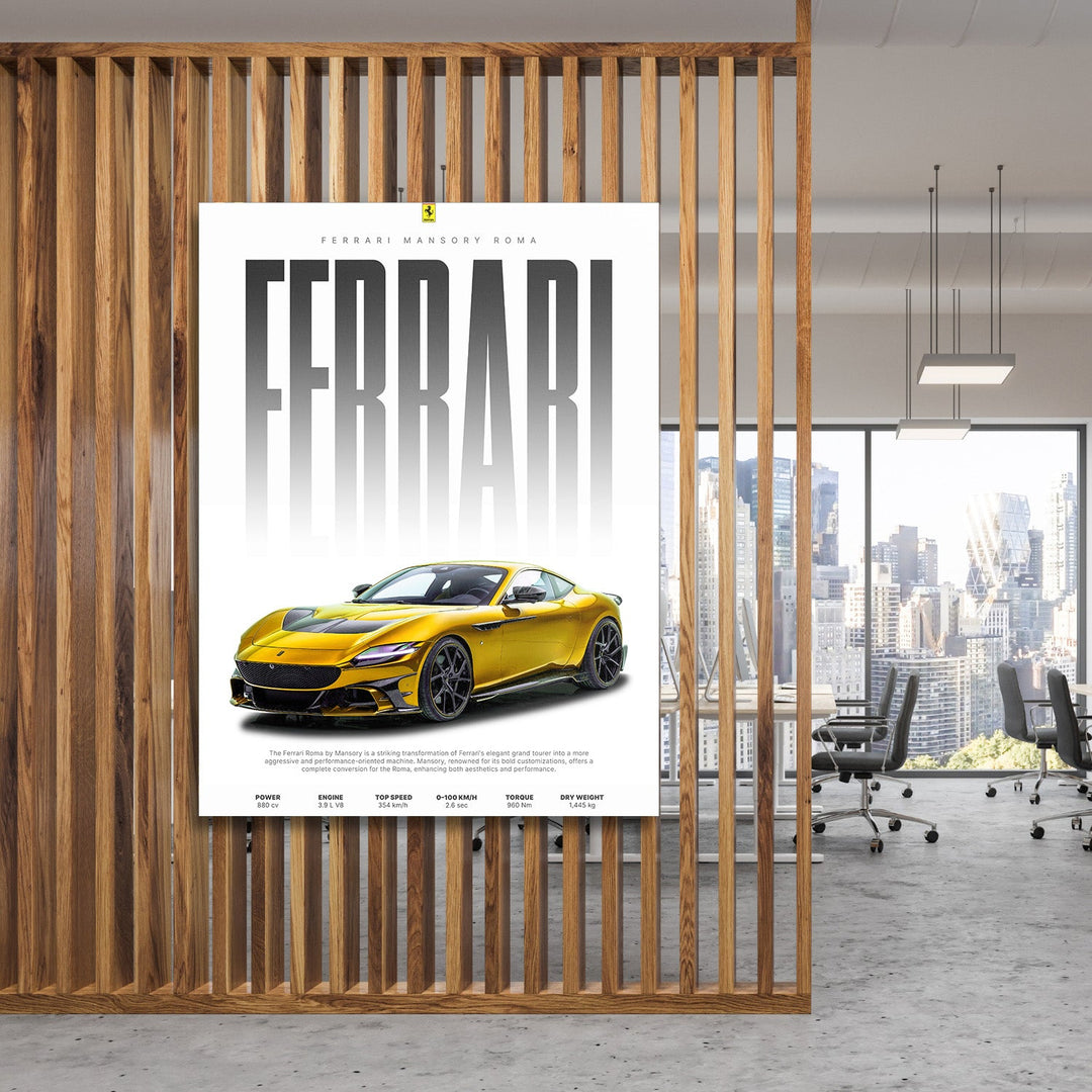 Motivational canvas wall art with a yellow Ferrari Mansory in a modern office with city views, luxury lifestyle theme