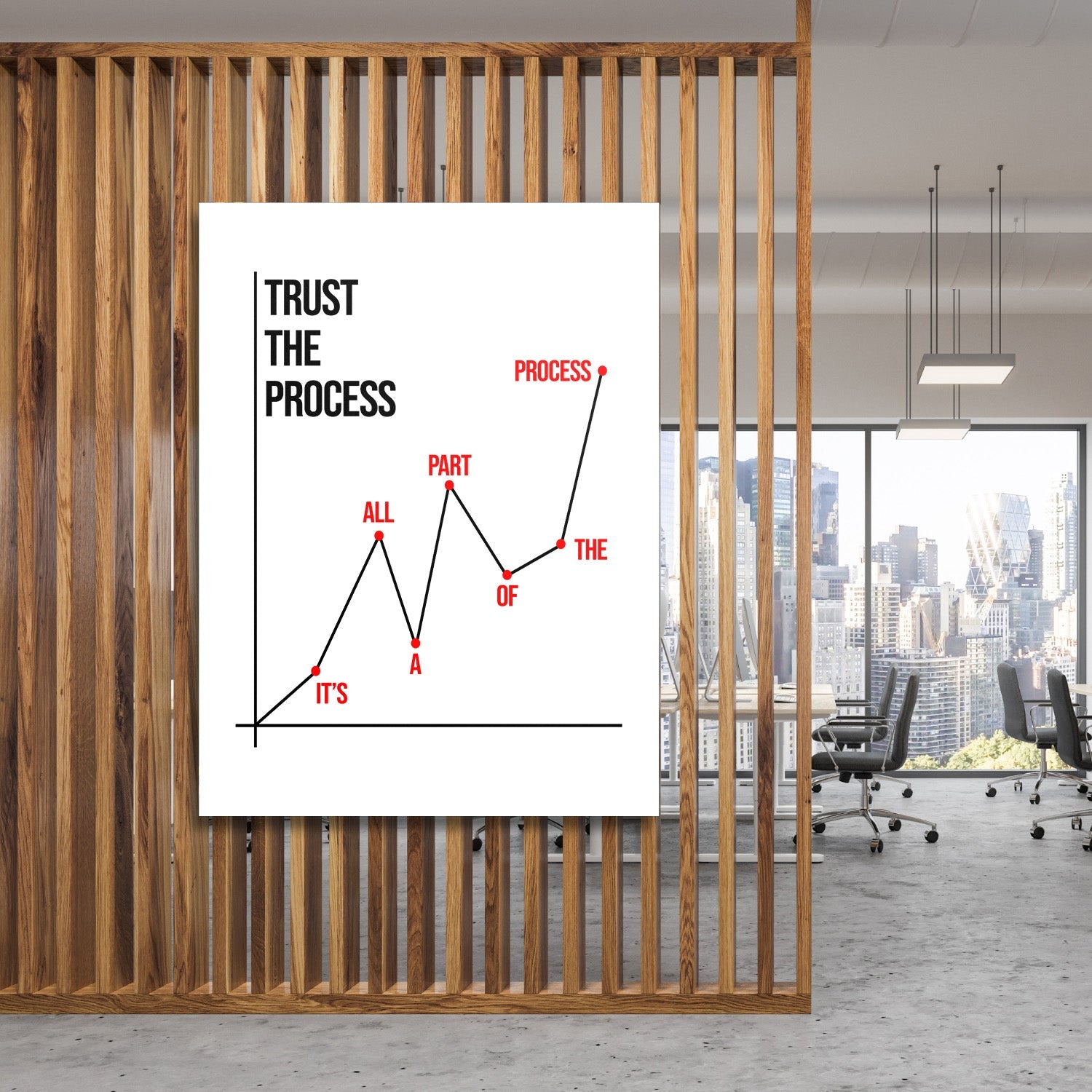 Motivational canvas print for an office with a minimalist growth chart, red dots and the quote “Trust the process”
