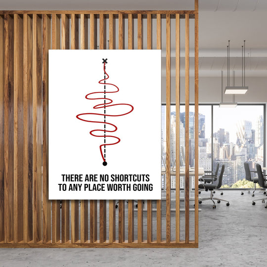 Motivational office wall art with a minimalist red curve and quote about the journey