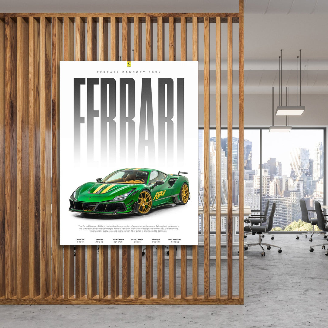 Motivational canvas wall art with a green Ferrari supercar hanging on a wooden partition in a modern office