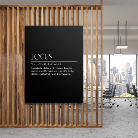 FOCUS motivational wall art with minimalist white typography in a modern study, lifestyle interior