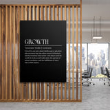 Growth motivational canvas wall art hanging on a wooden partition in a modern office with a city view