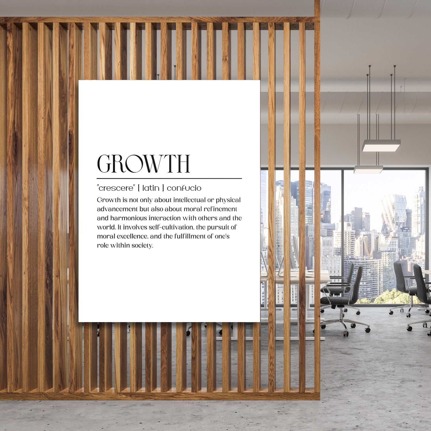 Growth motivational canvas wall art in front of wooden slats and a city panorama in a modern office