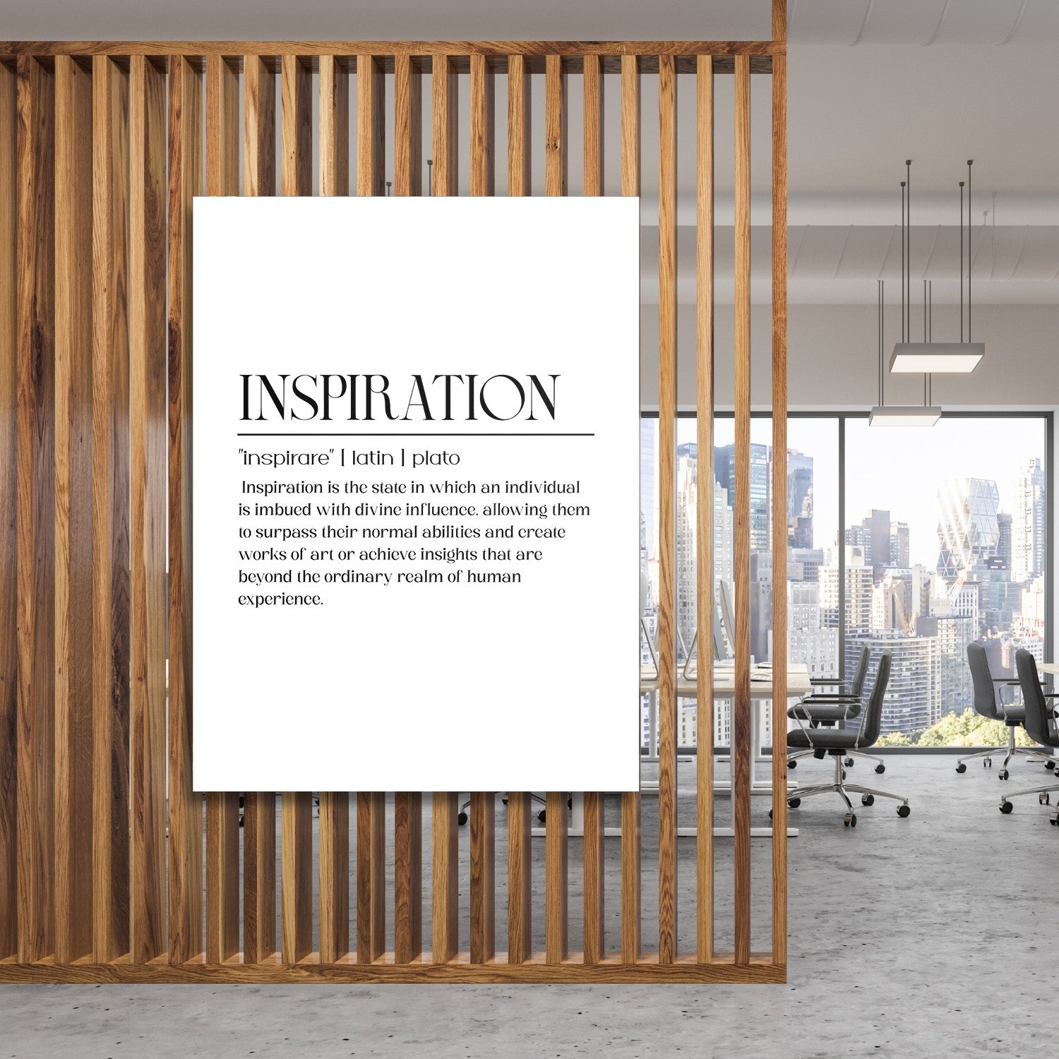 Motivational canvas wall art with a minimalist quote in a modern office behind wooden slats