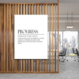 Motivational wall art with a “Progressus” definition hanging on a wooden partition in a modern office