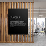 SUCCESS motivational canvas print hanging on a wooden partition in a modern office with a city skyline view