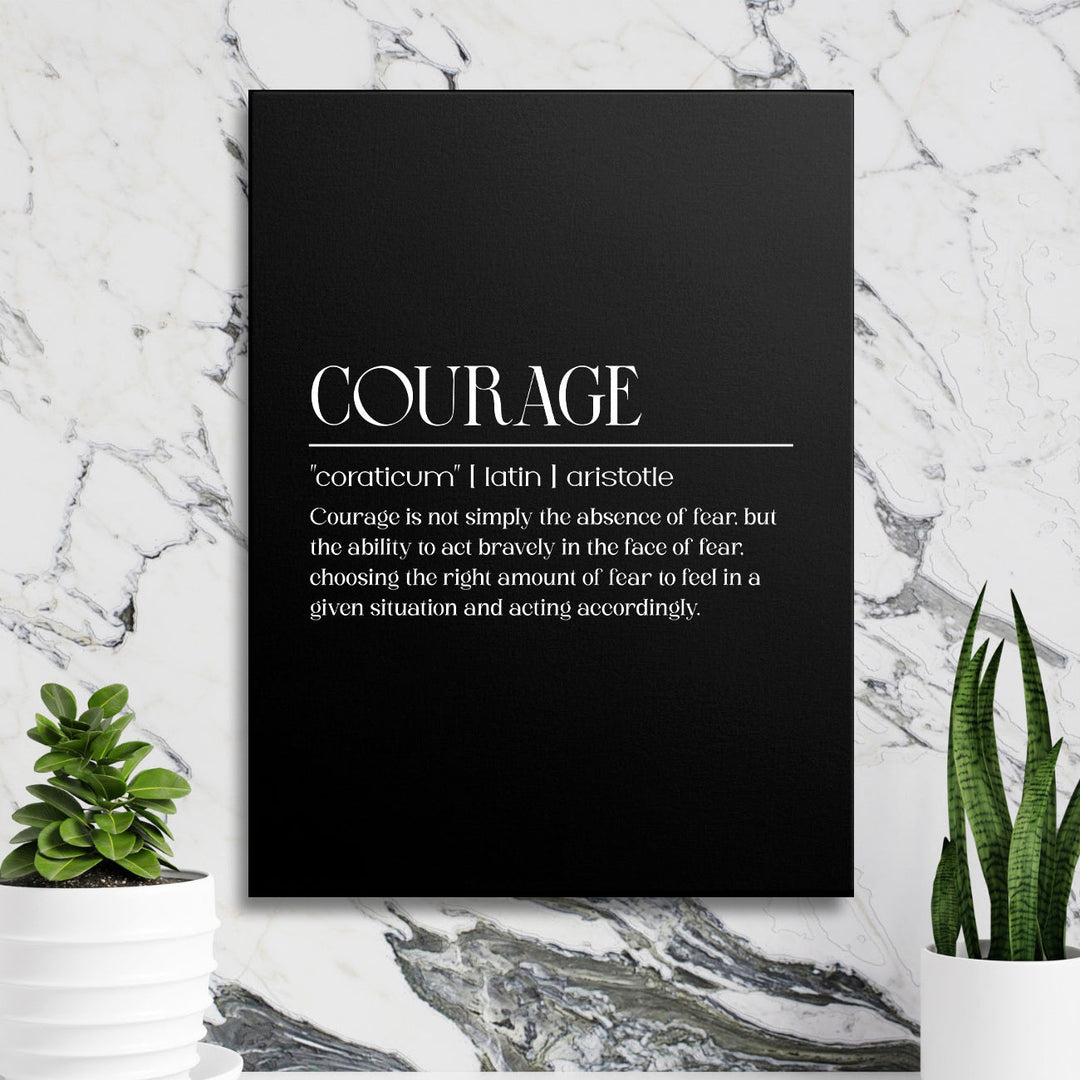 Luxury motivational wall art with Aristotle’s quote about courage on a white marble wall