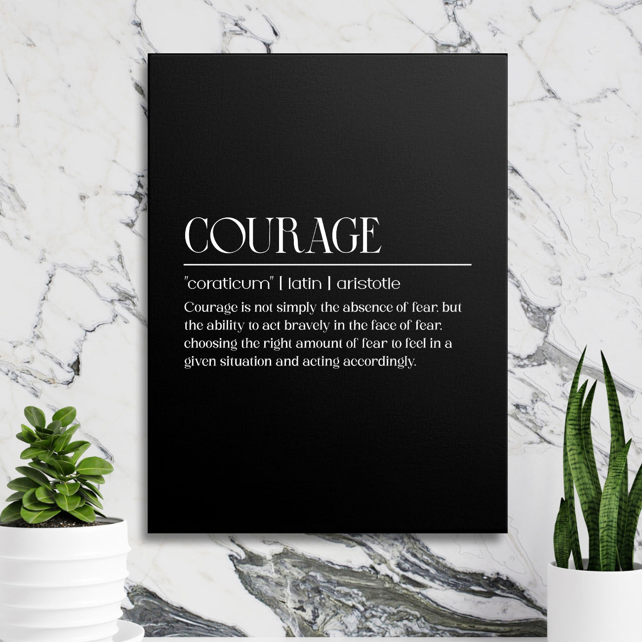 Luxury motivational wall art with Aristotle’s quote about courage on a white marble wall