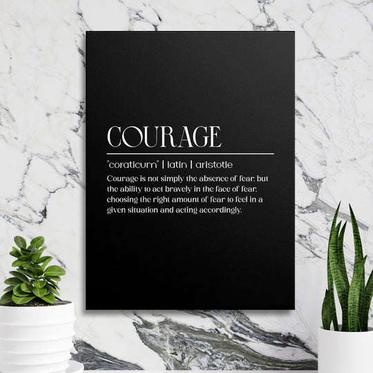 Luxury motivational wall art with Aristotle’s quote about courage on a white marble wall