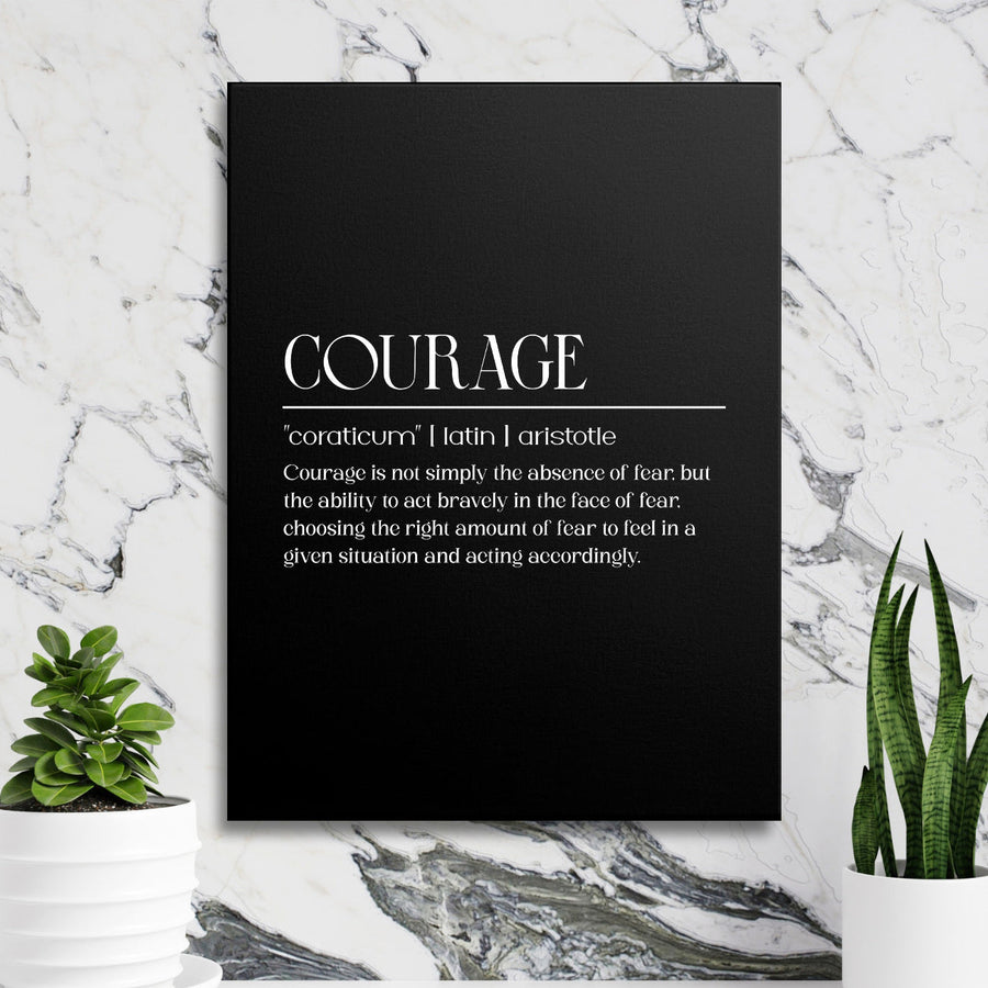 Luxury motivational wall art with Aristotle’s quote about courage on a white marble wall