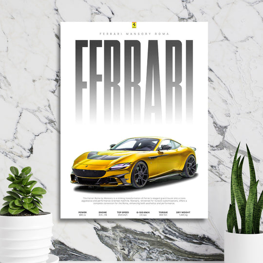 Motivational wall art with a gold Ferrari Mansory Roma in front of a marble wall, luxury automotive decor