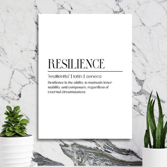 Motivational wall art with a RESILIENCE quote in a minimalist design on a marble wall with plants